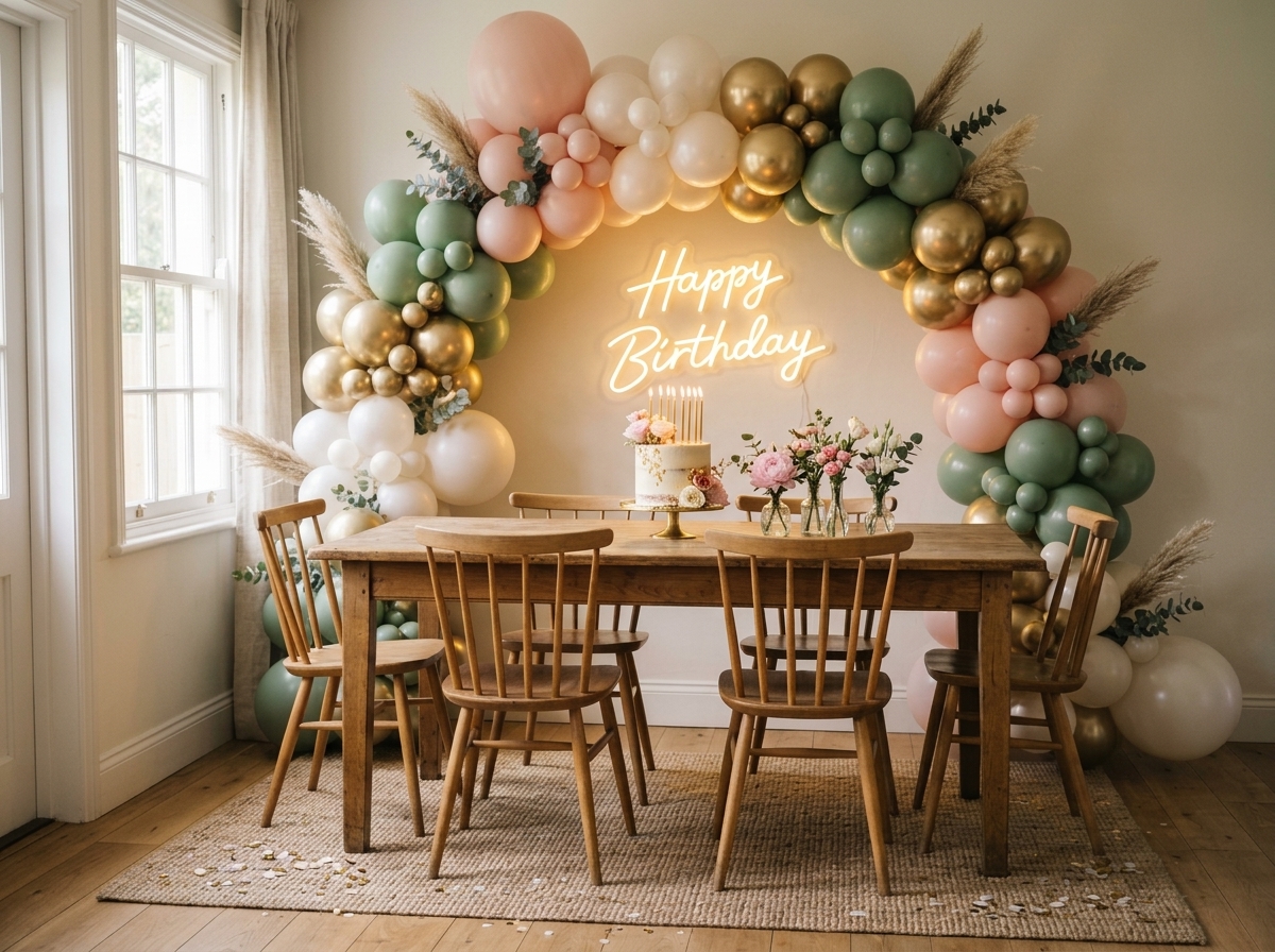Transformed room with organic balloon arch and neon sign